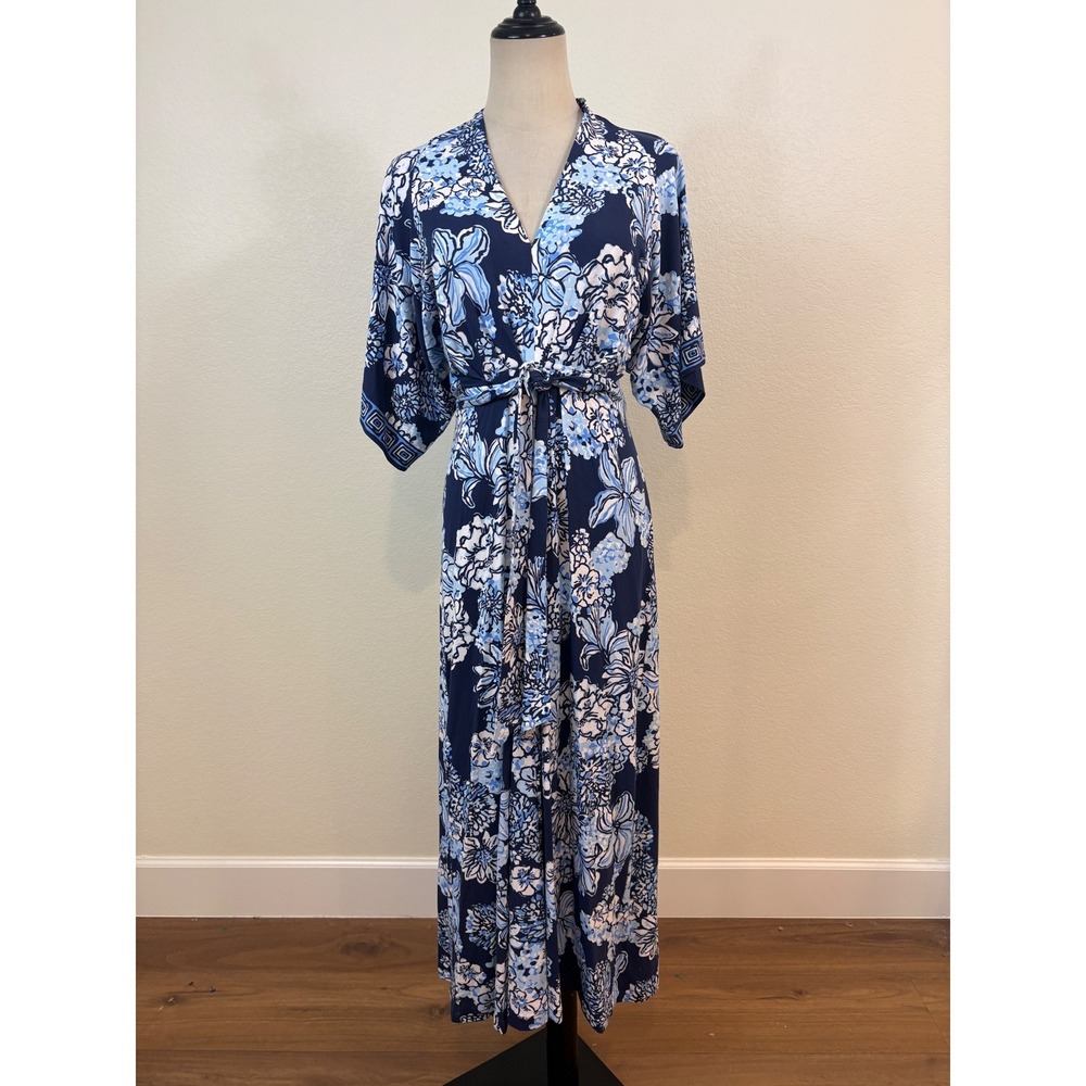 Lilly Pulitzer Wisteria Maxi Dress 2 Blue Floral Kimono Coastal resort Cruise